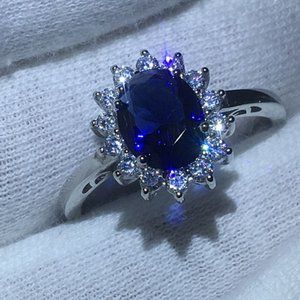 Silver Oval Cut Blue Sapphire Ring SZ 7